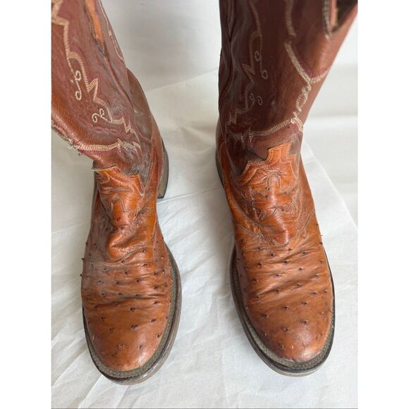 Lucchese 2000 Full Quill Ostrich Cowboy Boots Brown Leather 11D Flaws - Picture 10 of 12